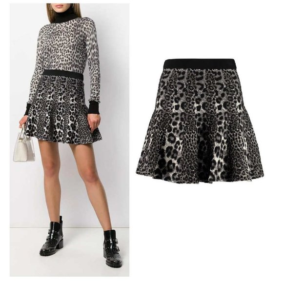Michael Kors Mixed Leopard Jacquard Pleated Mini Skirt Size XL Gunmetal Black - Picture 11 of 13